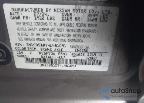 2004 Nissan Sentra 1.8 из США, поврежденный, VIN 3N1CB51D74L481091